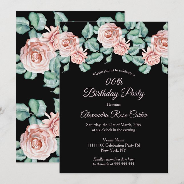 Invitación Elegante fiesta de cumpleaños floral rosa negro ro (Anverso / Reverso)