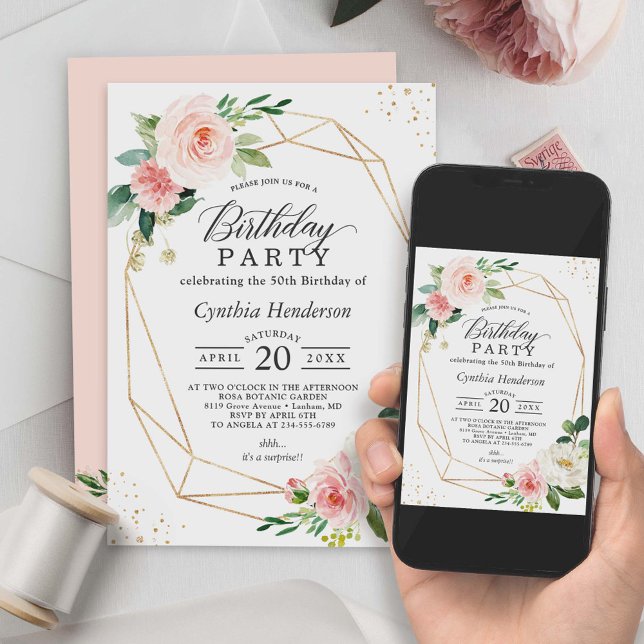 Invitación Elegante fiesta de cumpleaños floral rosa Rubor ge (Subido por el creador)