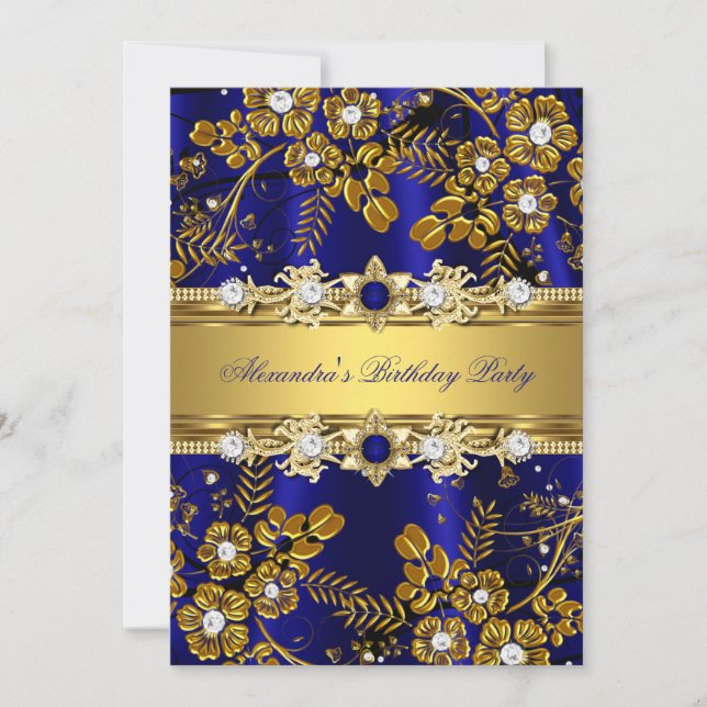 Invitación Elegante fiesta de cumpleaños floral Royal Blue &  (Anverso)