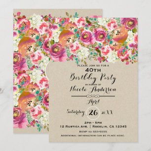 Invitación Elegante fiesta de cumpleaños floral y kraft shabb