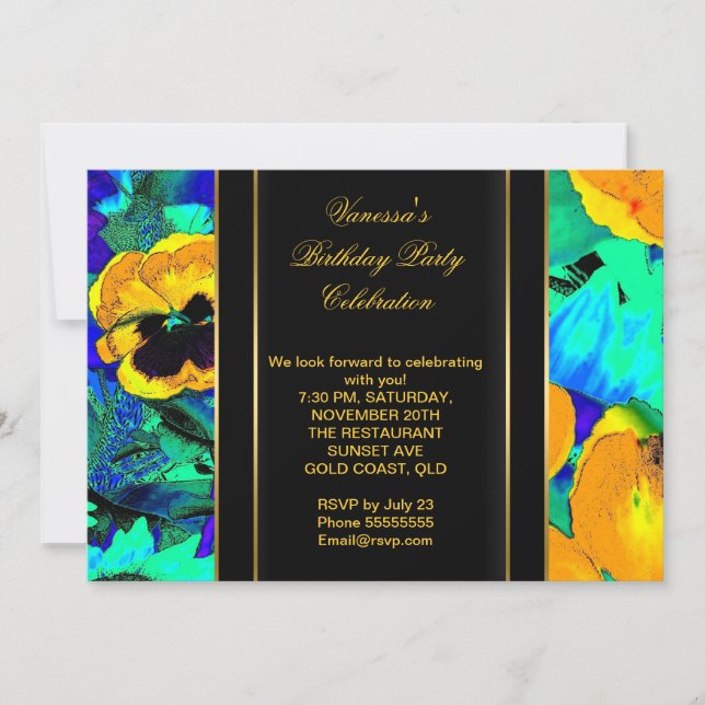 Invitación Elegante fiesta de cumpleaños Flores abstractas (Anverso)
