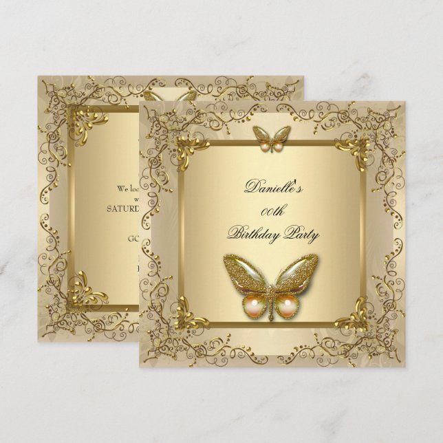 Invitación Elegante fiesta de cumpleaños Gold Beige mariposa (Anverso / Reverso)