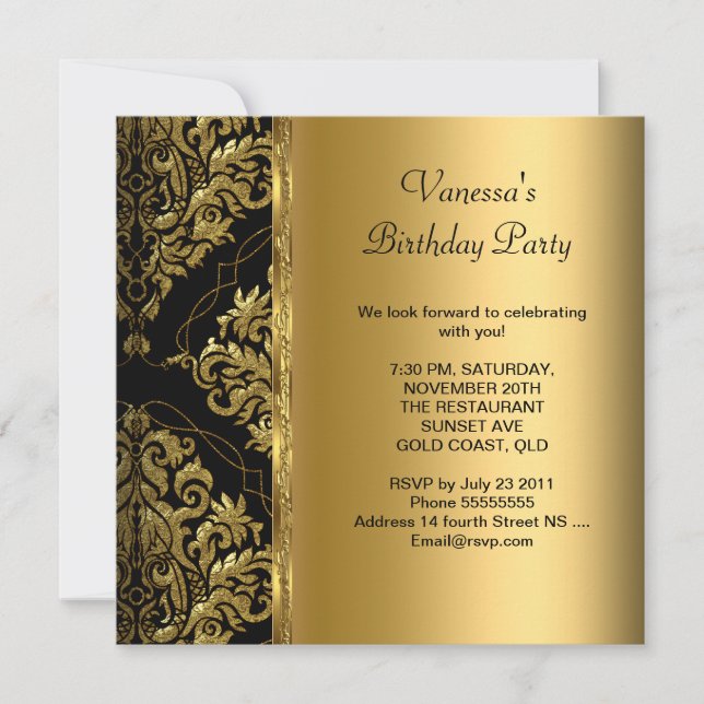 Invitación Elegante fiesta de cumpleaños Gold Black Damask Fl (Anverso)
