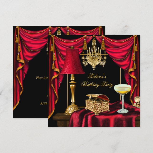 Invitación Elegante fiesta de cumpleaños Gold Black Red Luxur (Anverso / Reverso)