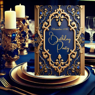 Invitación Elegante Fiesta de Cumpleaños Granate Azul Dorado 