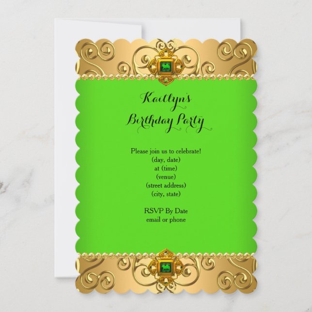 Invitación Elegante fiesta de cumpleaños Green Lime Damask Go (Anverso)