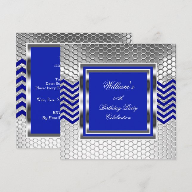 Invitación Elegante Fiesta de Cumpleaños Hombres Chevron Azul (Anverso / Reverso)