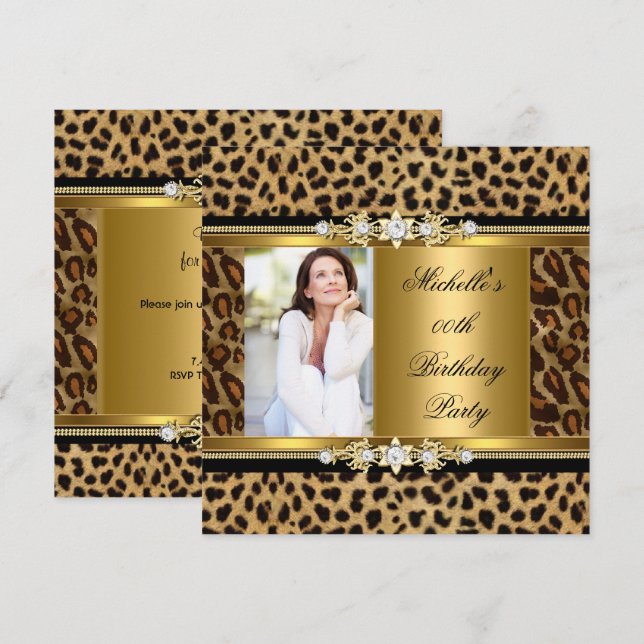 Invitación Elegante Fiesta de Cumpleaños Leopardo Dorado Negr (Anverso / Reverso)