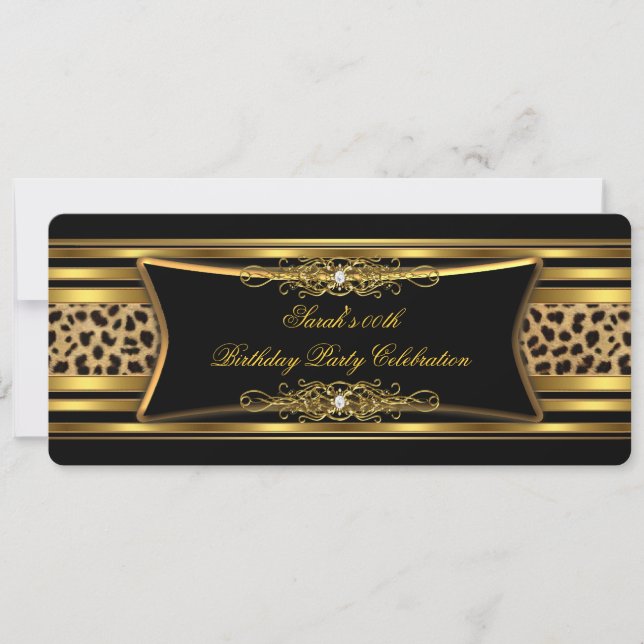 Invitación Elegante Fiesta de Cumpleaños Leopardo Negro Oro (Anverso)