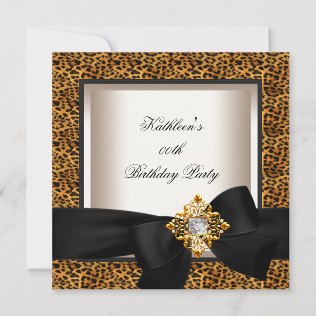 Invitación Elegante Fiesta de Cumpleaños Leopardo Oro Crema N (Anverso)