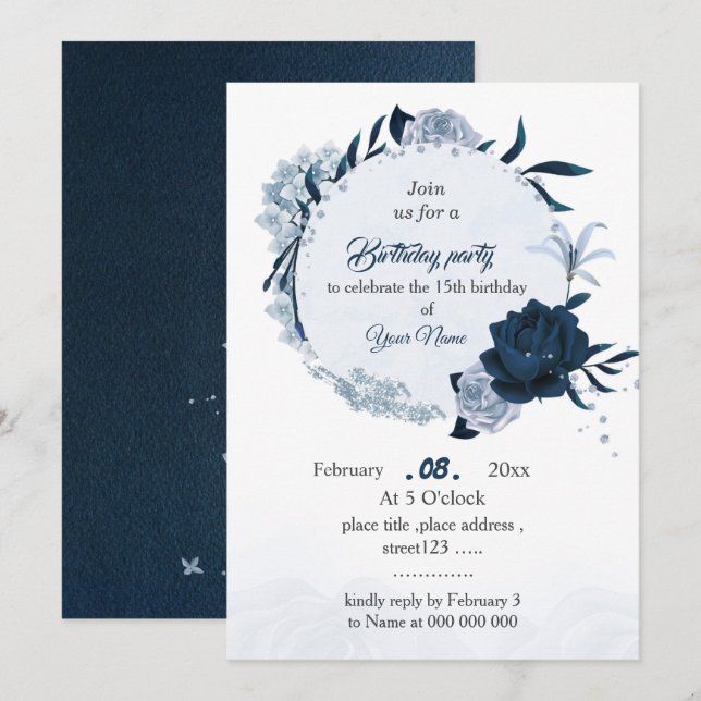 Invitación elegante fiesta de cumpleaños marina y polvorienta (Anverso / Reverso)