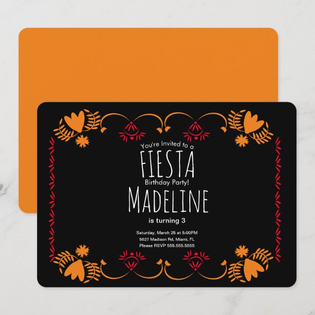 Invitación Elegante Fiesta de Cumpleaños Mexicana Borde Flora (Anverso / Reverso)