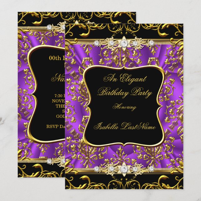 Invitación Elegante Fiesta de Cumpleaños Morado Damasco Negro (Anverso / Reverso)