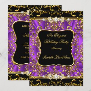 Invitación Elegante Fiesta de Cumpleaños Morado Damasco Negro