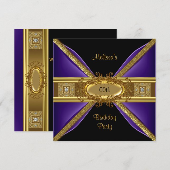 Invitación Elegante Fiesta de Cumpleaños Morado Negro Oro (Anverso / Reverso)