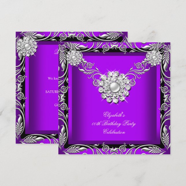 Invitación Elegante Fiesta de Cumpleaños Morado Real Negro Pl (Anverso / Reverso)