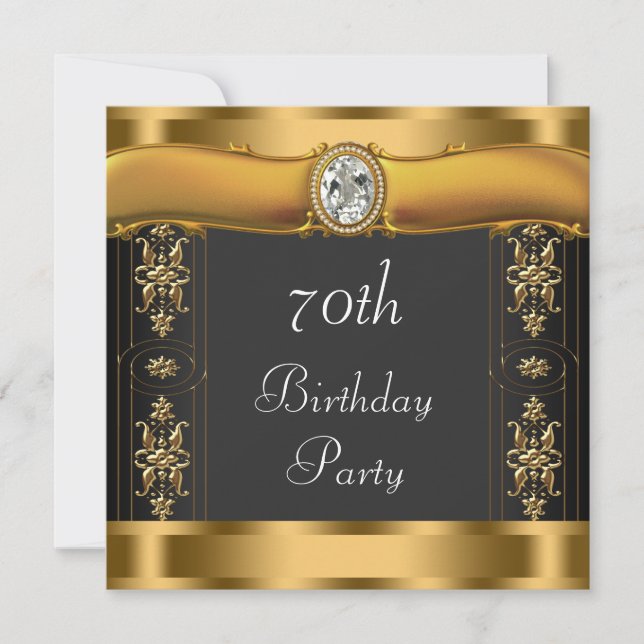 Invitación Elegante fiesta de cumpleaños negra y dorada (Anverso)