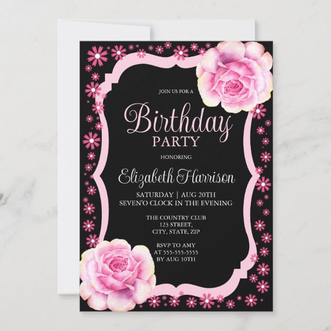Invitación Elegante fiesta de cumpleaños negro con flores ros (Anverso)
