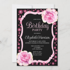 Invitación Elegante fiesta de cumpleaños negro con flores ros