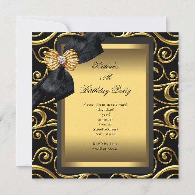 Invitación Elegante fiesta de cumpleaños negro damasco dorado (Anverso)