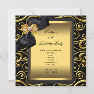 Invitación Elegante fiesta de cumpleaños negro damasco dorado