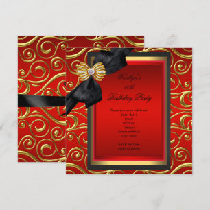 Invitación Elegante Fiesta de Cumpleaños Negro Damasco Rojo D