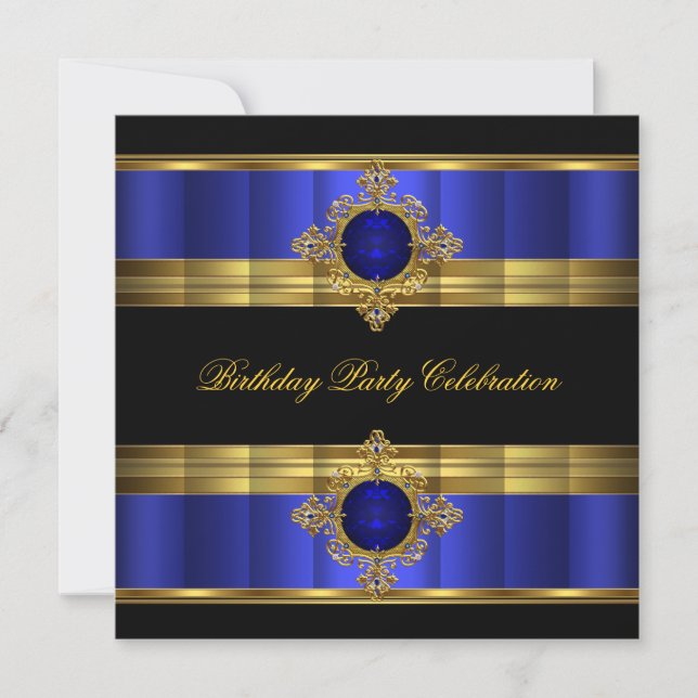 Invitación Elegante fiesta de cumpleaños negro de oro azul re (Anverso)