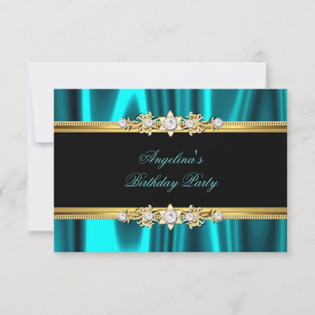 Invitación Elegante fiesta de cumpleaños negro de oro azul ve (Anverso)