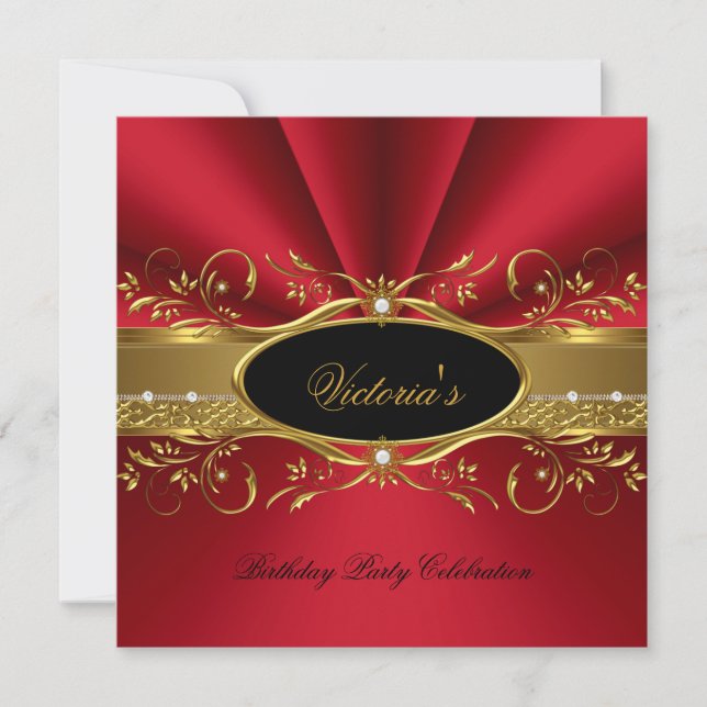 Invitación Elegante fiesta de cumpleaños negro de oro rojo (Anverso)