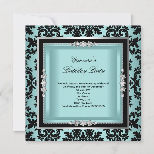 Invitación Elegante fiesta de cumpleaños negro de plata azul (Anverso)