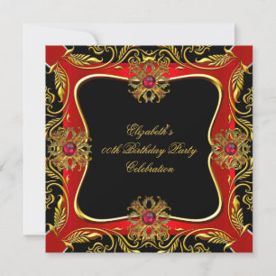 Invitación Elegante Fiesta de Cumpleaños Negro Joyas Rojo Oro