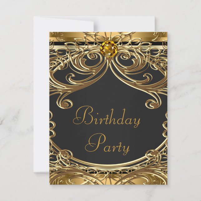 Invitación Elegante fiesta de cumpleaños negro y oro (Anverso)