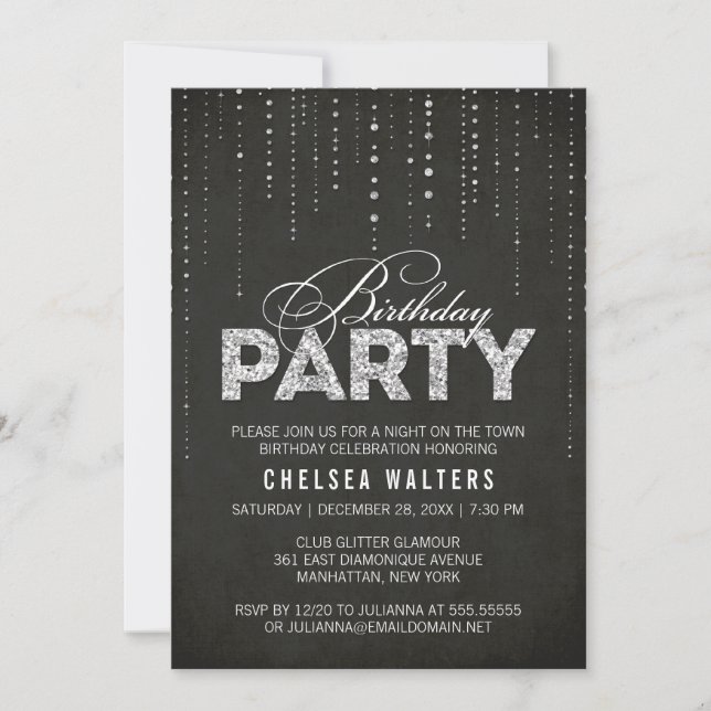Invitación Elegante fiesta de cumpleaños negro y plateado (Anverso)
