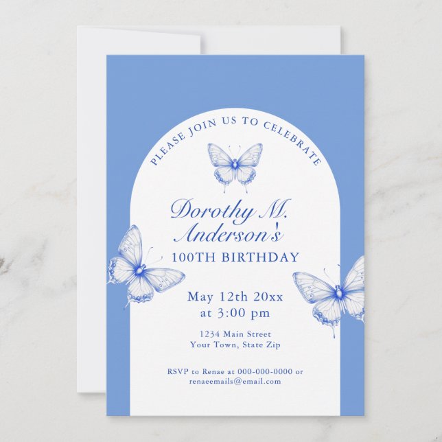 Invitación Elegante fiesta de cumpleaños número 100 azul y bl (Anverso)