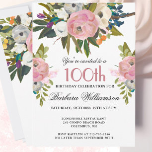 Invitación Elegante Fiesta de Cumpleaños número 100 con Flore