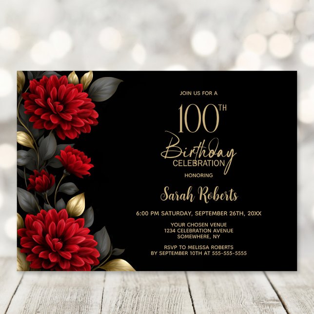 Invitación Elegante Fiesta de Cumpleaños número 100 con Flore (Subido por el creador)