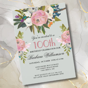 Invitación Elegante fiesta de cumpleaños número 100 con flore