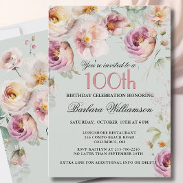 Invitación Elegante fiesta de cumpleaños número 100 con flore