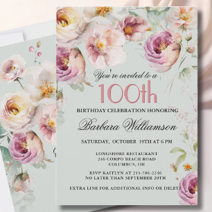 Invitación Elegante fiesta de cumpleaños número 100 con flore