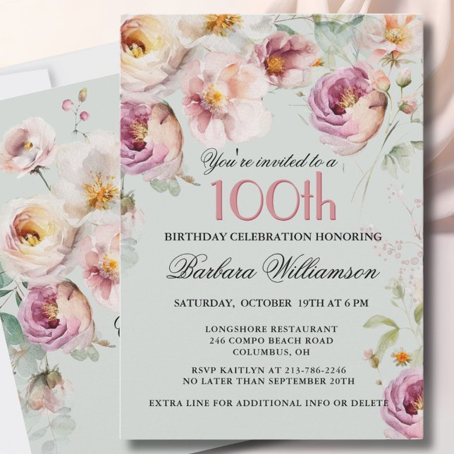 Invitación Elegante fiesta de cumpleaños número 100 con flore (Subido por el creador)