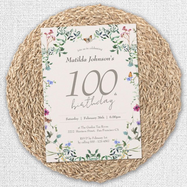 Invitación Elegante fiesta de cumpleaños número 100 de Flores (Elegant 100th Birthday Wildflowers Floral Invitation)