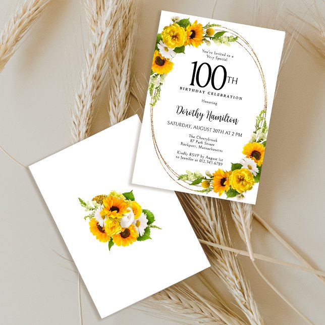 Invitación Elegante fiesta de cumpleaños número 100 del giras (Sunflowers and daisies make a cheerful 100th birthday invitation!)