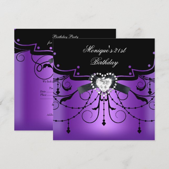 Invitación Elegante Fiesta de cumpleaños número 21 Diamante n (Anverso / Reverso)