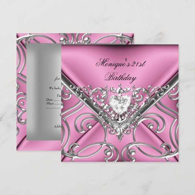 Invitación Elegante Fiesta de cumpleaños número 21 Diamante P (Anverso / Reverso)
