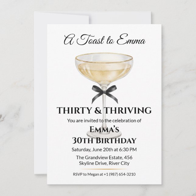 Invitación Elegante fiesta de cumpleaños número 30 con lazo n (Anverso)