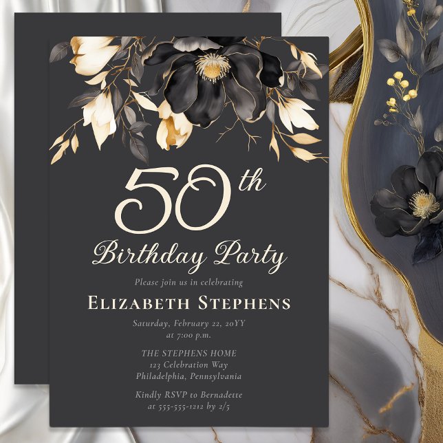 Invitación Elegante Fiesta de Cumpleaños número 50 con Flor d (Elegant magnolia 50th birthday invitation with soft buttercream typography on charcoal background)