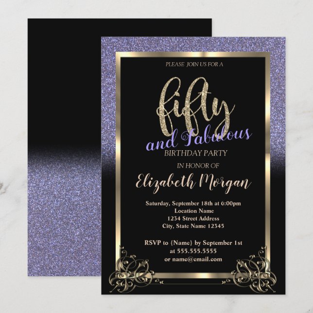 Invitación Elegante Fiesta de Cumpleaños número 50 con Glitte (Anverso / Reverso)
