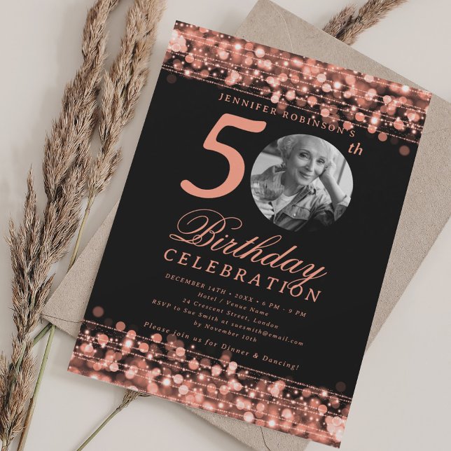 Invitación Elegante fiesta de cumpleaños número 50 con luces  (Elegant Photo 50th Birthday Party Rose Gold Lights Invitation)