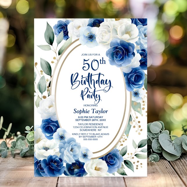 Invitación Elegante fiesta de cumpleaños número 50 de Blue Fl (Subido por el creador)
