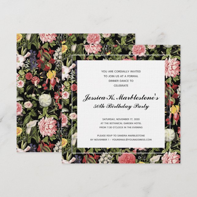 Invitación Elegante fiesta de cumpleaños número 50 de Floral (Anverso / Reverso)